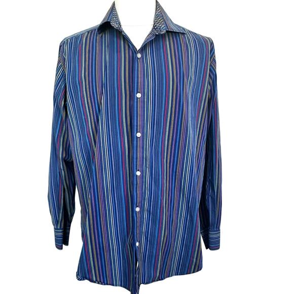 TAILORBYRD Mens XL Button up Shirt Long Sleeve Rainbow Stripe Contrast Flip Cuff - Picture 2 of 11